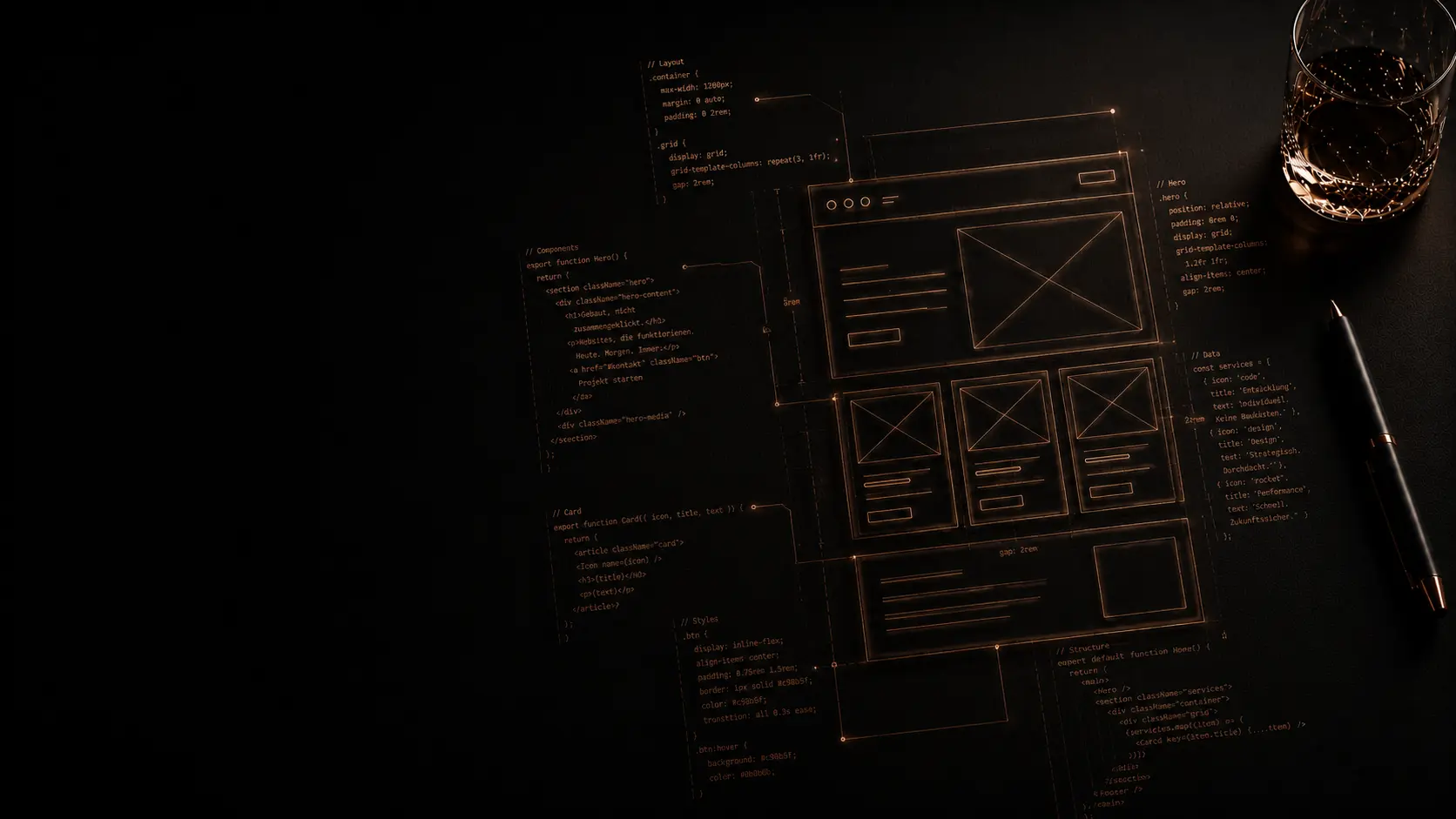 Leuchtende Website-Wireframes und Code-Notizen als Entwicklungsszene im rechten Bilddrittel.
