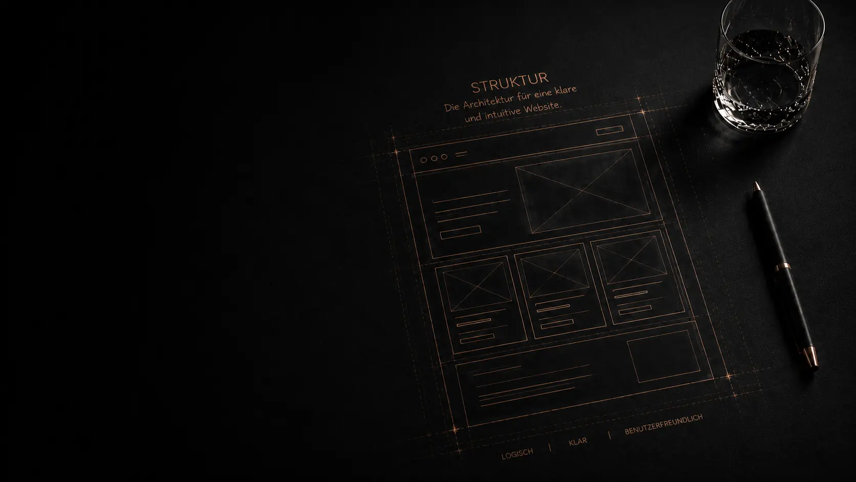 Architektonische Wireframe-Skizze auf dunklem Untergrund im rechten Bilddrittel.