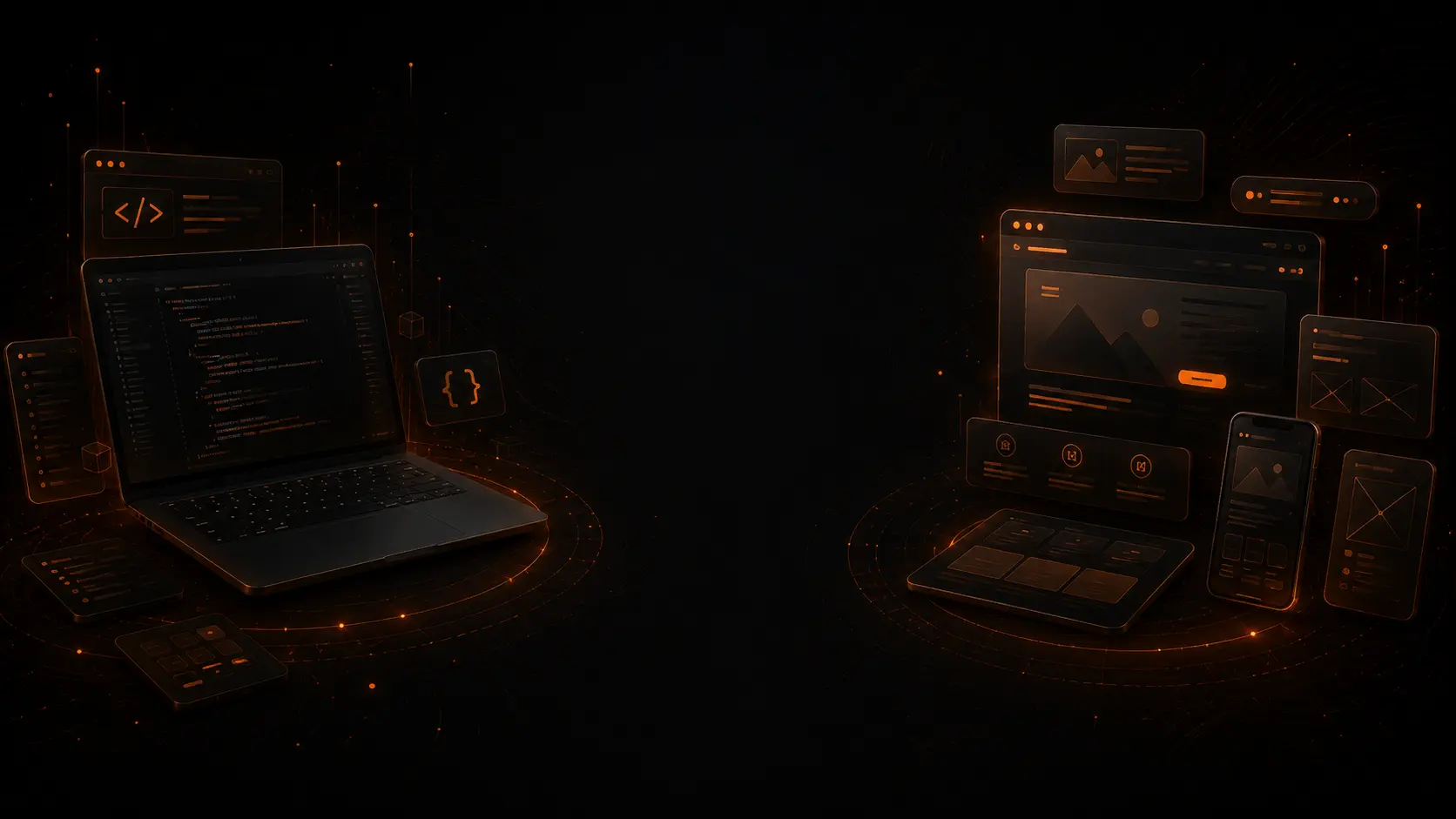 Dunkle Structiva-Grafik mit Code-Laptop links und Website-Mockups rechts.