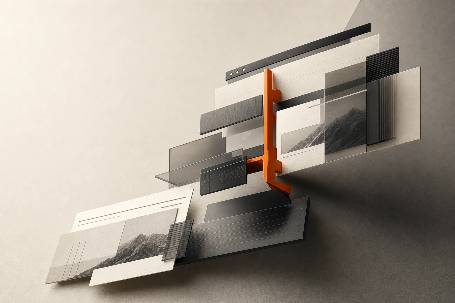 Abstrakte modulare Website-Komposition aus Papier, Acryl und einem orangefarbenen Raster